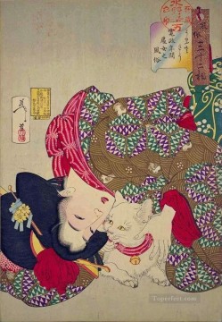  kansei Oil Painting - a young woman from kansei period playing with her cat Tsukioka Yoshitoshi Japanese